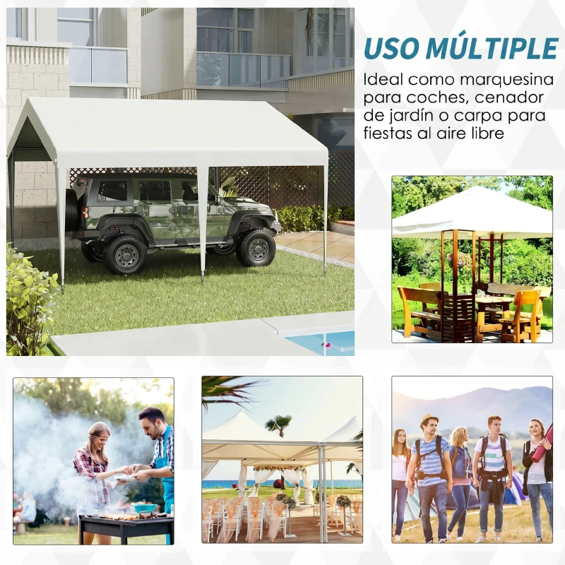 Outsunny Carpa Garaje para Coche 4x4 m Cochera Portátil Impermeable Pabellón Gazebo de Jardín Patio Exterior con Accesorios para Eventos Fiestas Metal Galvanizado Blanco