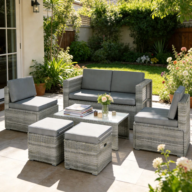 Outsunny Salon de Jardin en Résine Tressée Demi-Ronde 6 Pièces Encastrable Gain de Place 135x66x62cm Gris