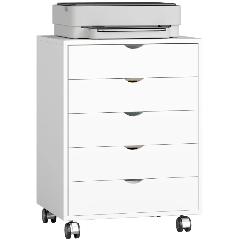 HOMCOM Caisson bureau mobile avec 5 tiroirs, meuble rangement bureau à roulettes pour documents A3/Lettre/A4, blanc