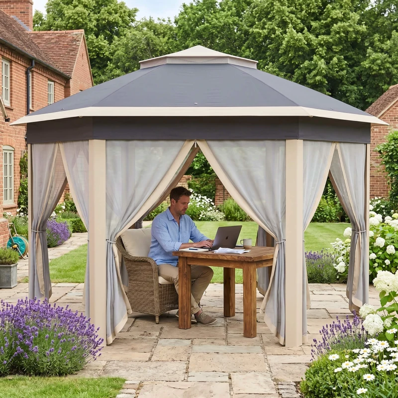Outsunny Paviljoen 4x4 tuinpaviljoen zeshoekig opvouwbaar met draagtas dubbel dak beige+ kaki