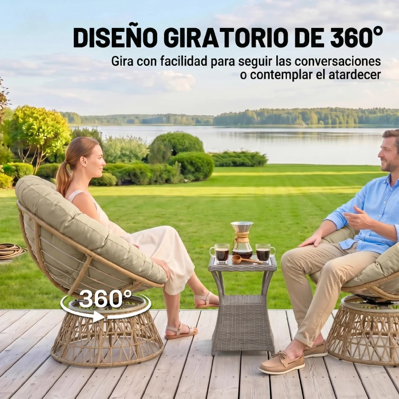 Outsunny Sillón Papasan Giratorio de Ratán Sintético con Cojín Carga 120 kg para Exterior Jardín Terraza 85x70x82 cm Amarillo