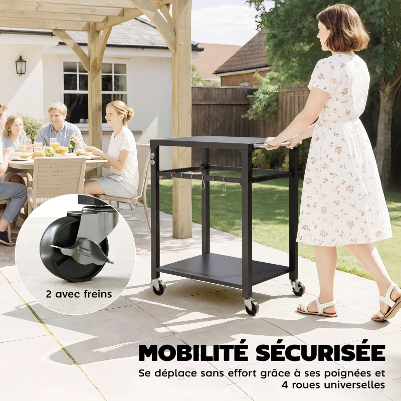 Outsunny Desserte jardin chariot de barbecue sur roulettes avec crochets, poignées, roulettes verrouillables, 90,5x55x88 cm, noir