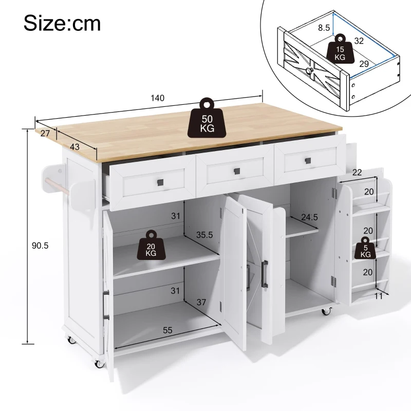 Ilha de cozinha com tampo rebatível, 4 portas, 3 gavetas, suportes duplos para toalhas, design estilo celeiro, 140x43/70x90,5 cm, Branco+Cor natural