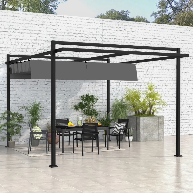 Outsunny Cenador de Jardín 3x4 m con Techo Retráctil de Poliéster y 12 Orificios de Drenaje Pérgola para Terraza Gris Oscuro