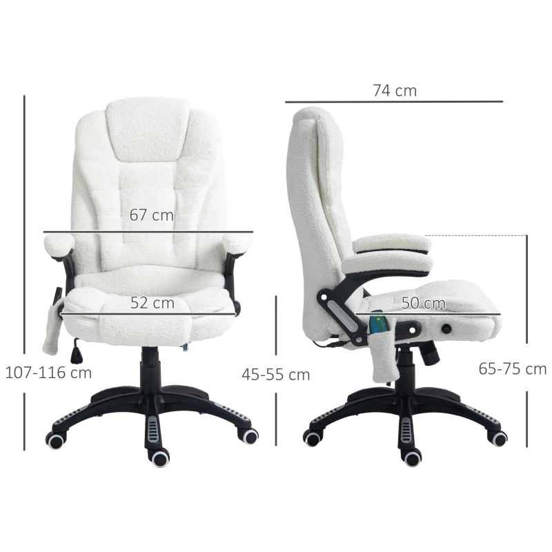Vinsetto Sedia da Ufficio Massaggiante e Regolabile con Telecomando, in Tessuto Teddy, 67x74x107-116 cm, Bianco