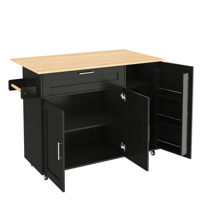 Mesa de cozinha móvel com tampo de trabalho dobrável, gaveta, prateleira para especiarias, suporte para toalhas, 132,5x44/70x90 cm, Preto+Cor natural
