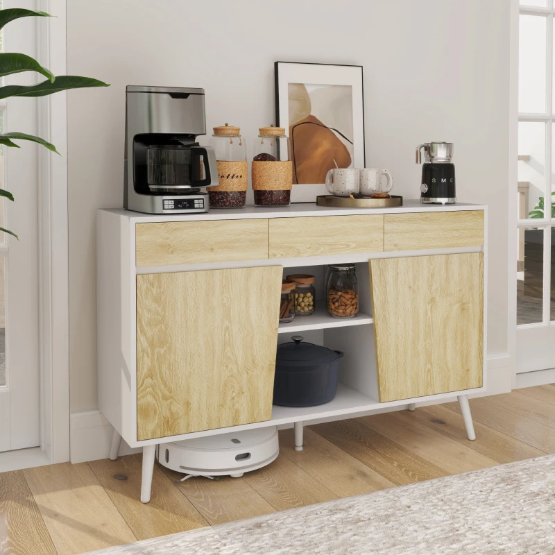 HOMCOM Aparador Moderno con Cajones Estantes Abiertos y Almacenaje Ajustable Para Sala o Comedor 120x39x77 cm Blanco y Natural