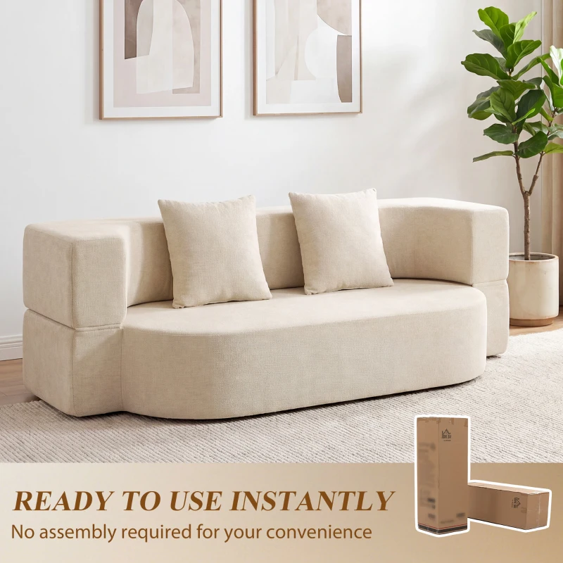 HOMCOM Canapé Convertible 2 Places, Canapé-Lit en Chenille 190cm, Dossier Rabattable, Assise et Accoudoirs Larges, Beige