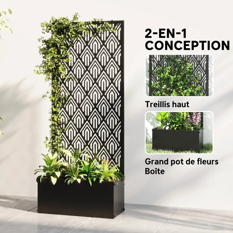Outsunny Jardinière avec treillis, bac à fleurs, avec brise-vue, pour plantes grimpantes, métal, 45 x 21,5 x 110 cm, noir