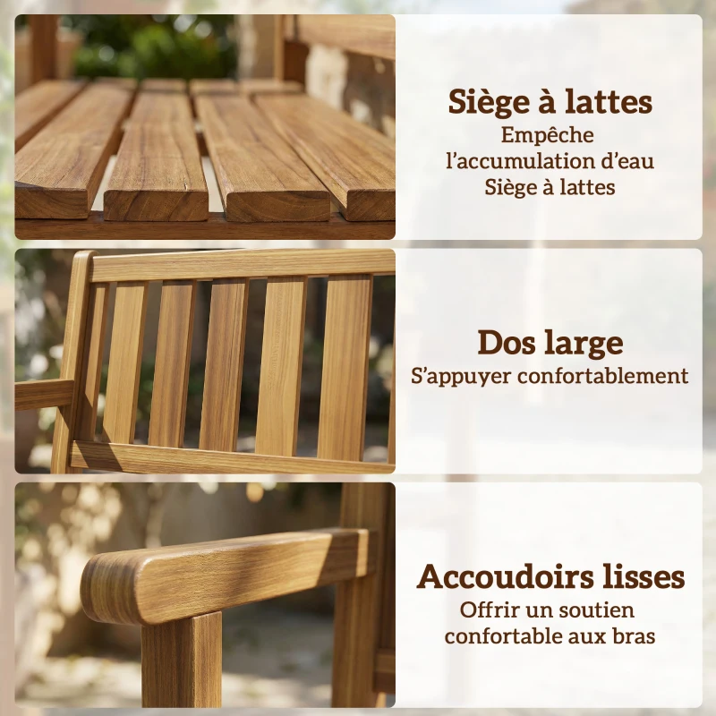 Outsunny Banc de Jardin 3 Places en Bois Banquette Terrasse avec Capacité 360kg Robuste Siège pour Balcon Parc et Porche Teck