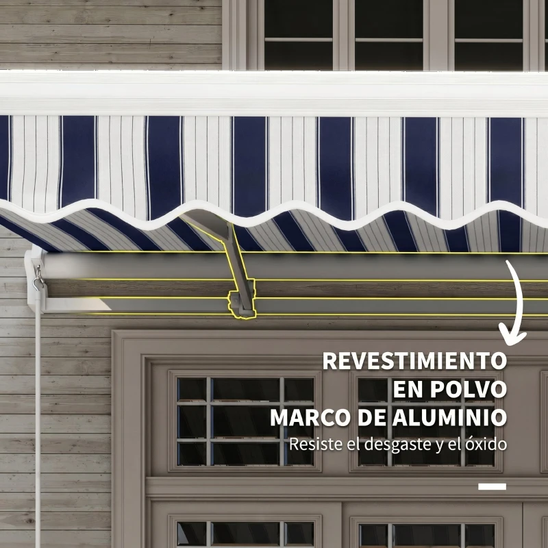 Outsunny Toldo Manual Retráctil 395x245 cm Ángulo Ajustable Brazo Articulado Anti-UV e Impermeable Montaje a Pared Azul y Blanco