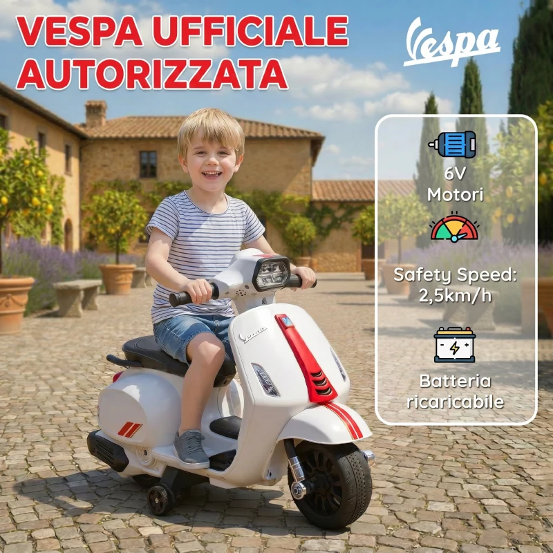 AIYAPLAY Motocicletă Electrică pentru Copii cu Licență Vespa, Baterie Reîncărcabilă 6V, Roți Ajutătoare și Lumini, 2-4 Ani, Albă