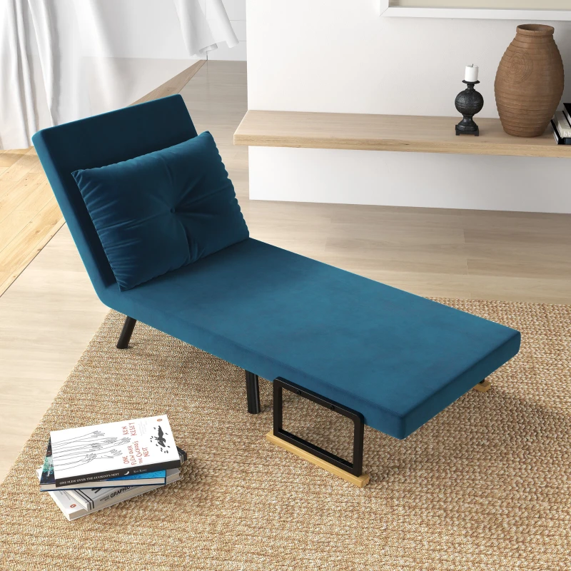 HOMCOM Sofá Cama Individual Plegable Silla Cama Convertible 4 en 1 Respaldo Ajustable de 5 Niveles y Almohada 63x73x81 cm Azul
