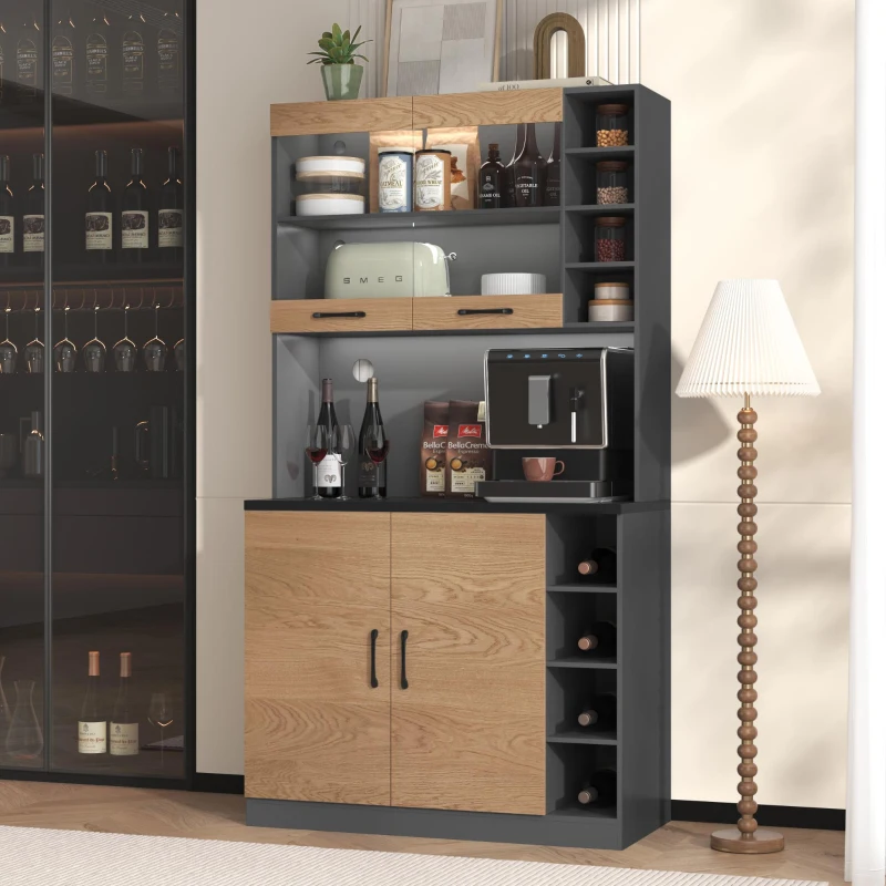 Highboard de cozinha, compartimento de vidro reforçado e iluminação ambiente LED, prateleiras laterais reguláveis em altura100x47x187 cm, Cor natural