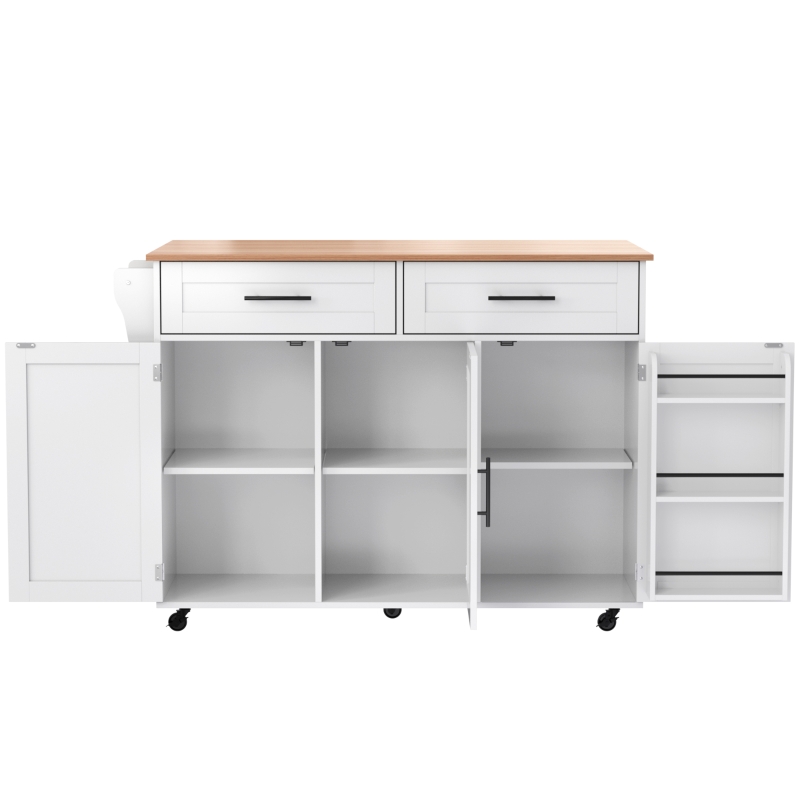 Grande ilha de cozinha com tampo extensível dobrável, 5 rodízios (2 com travão) , 129x46/71x91,5 cm, Branco+Cor natural