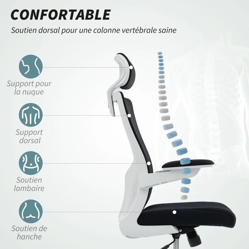 HOMCOM Chaise bureau ergonomique, fauteuil de bureau, accoudoirs relevables, soutien lombaire, appui-tête, 60x63x120cm, noir
