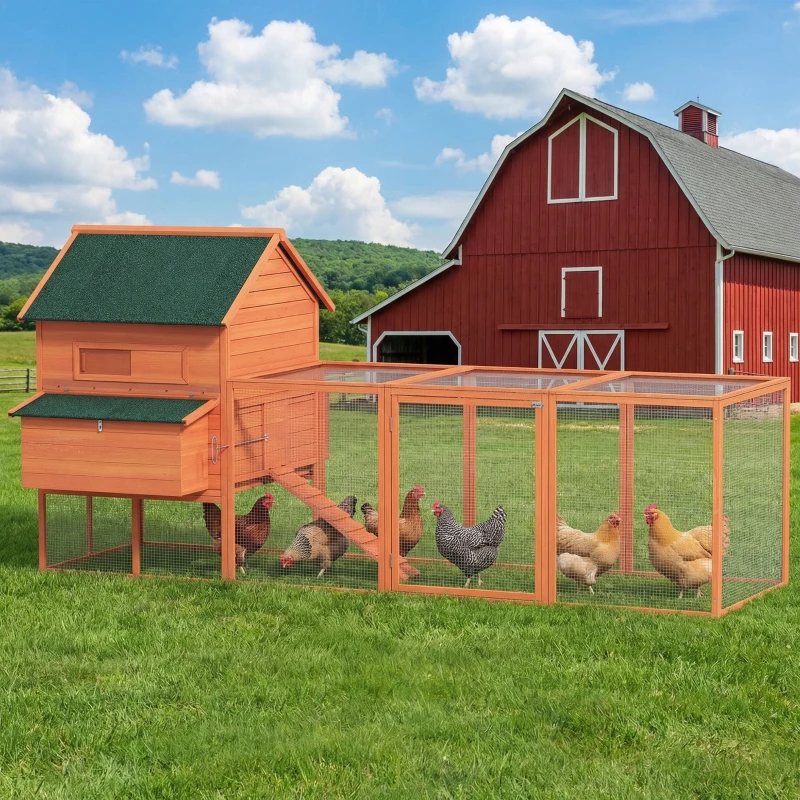 PawHut Gallinero de Madera Grande Exterior con 2 Nidos Corral Techo Asfáltico Bandeja Extraíble y Rampa 347x160x150 cm Naranja