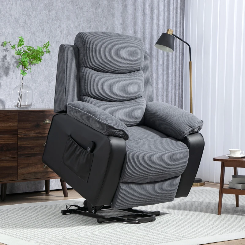 HOMCOM Fauteuil releveur électrique, fauteuil relax électrique velours côtelé, dossier inclinable, ports USB, 96x96x108cm, gris