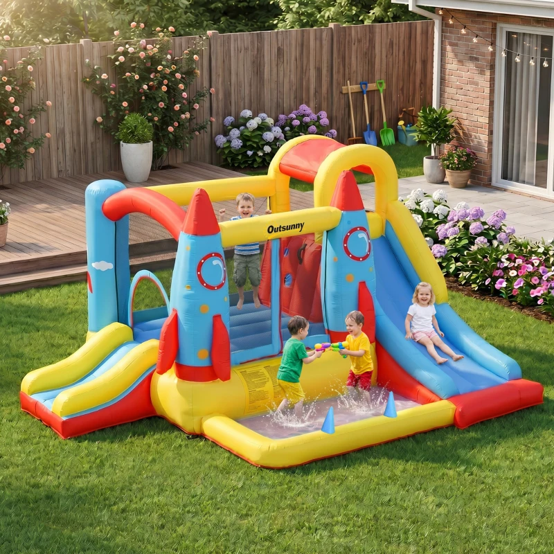 Outsunny Castelo Insuflável com 2 Escorregas Trampolim e Piscina para Crianças acima de 3 Anos com Inflador e Bolsa de Transporte para Interior Exterior 330x265x185cm Multicor