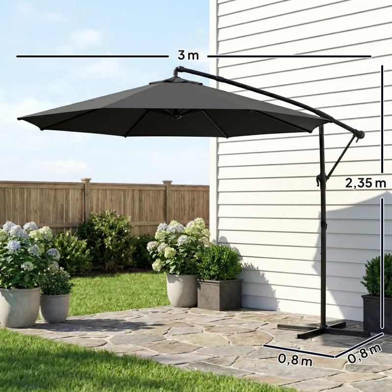 Outsunny Ombrellone a Sbalzo 3x3 m con Tettuccio Regolabile, Base a Croce e Prese d'Aria, in Metallo e Poliestere, Nero