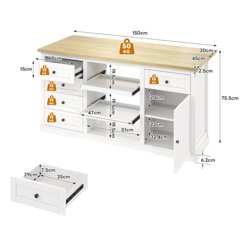 Ilha de cozinha com tampo extensível dobrável, 5 gavetas e 2 prateleiras extraíveis, 150x45/65x75,5 cm, Branco