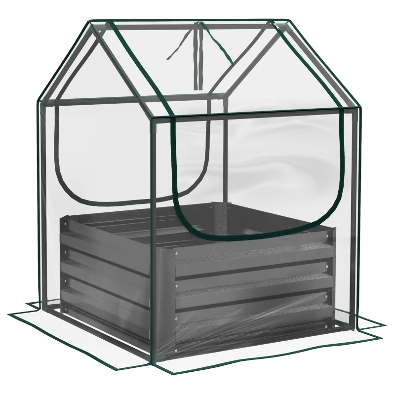 Outsunny Carré potager de jardin avec mini serre, jardinière surélevée en acier galvanisé, 70 x 70 x 90 cm, gris foncé
