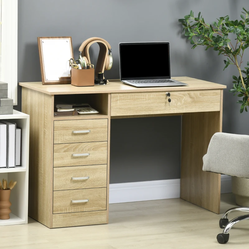 HOMCOM Birou Cameră sau Office Lemn cu 2 Sertare și 2 Chei, 110x50x76 cm, Stejar