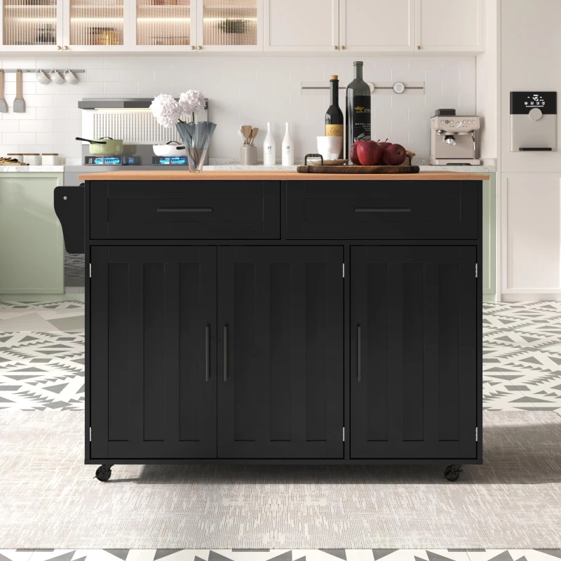 Grande ilha de cozinha com tampo extensível dobrável, 5 rodízios (2 com travão) , 129x46/71x91,5 cm, Preto+Cor natural