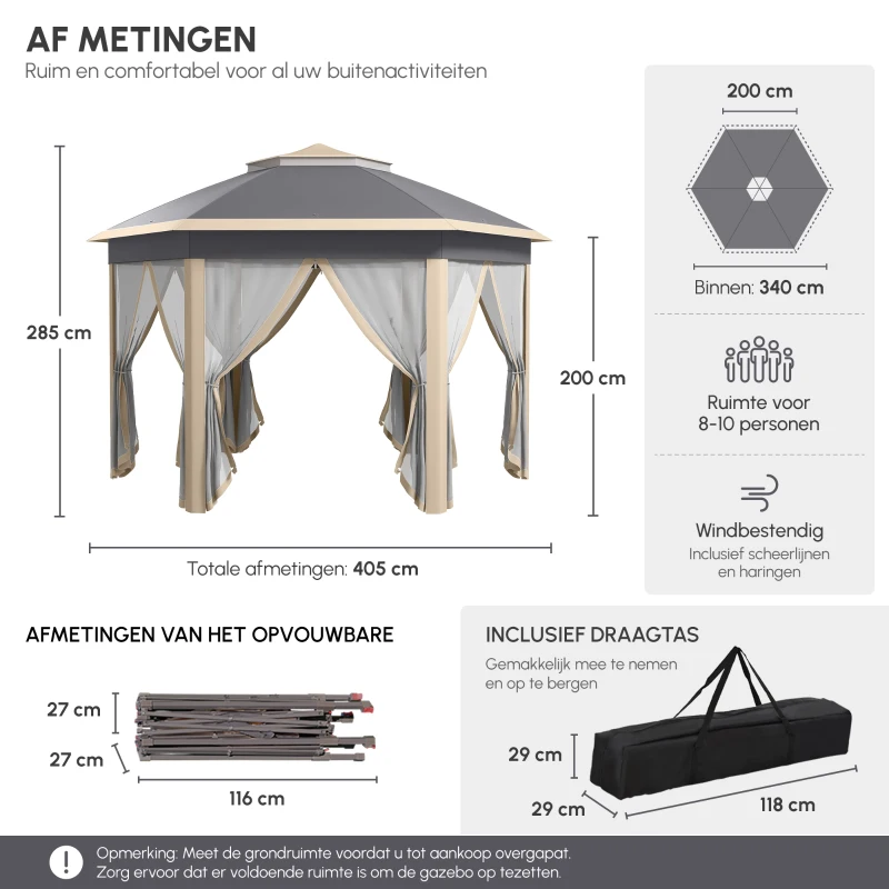Outsunny Paviljoen 4x4 tuinpaviljoen zeshoekig opvouwbaar met draagtas dubbel dak beige+ kaki