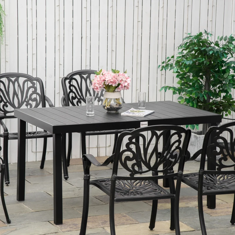Outsunny Table à manger de jardin pour 6 personnes, en aluminium, 140 x 90 x 74 cm, aspect noir