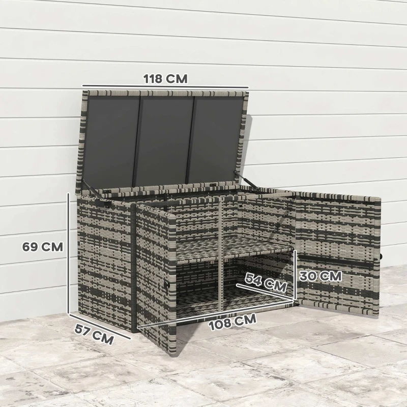 Outsunny Baule da Esterno da 350L a 2 Livelli con Pistoni a Gas, Rattan PE e Acciaio, 118x57x69 cm, Grigio