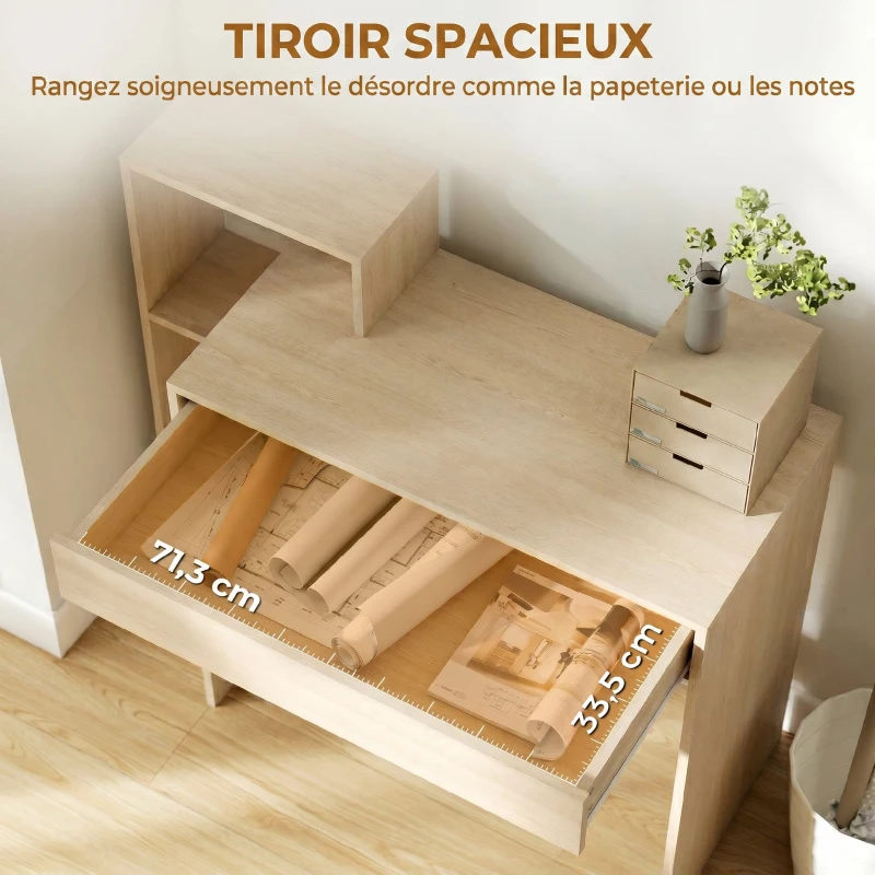 HOMCOM Bureau avec rangement, bureau d'ordinateur avec 3 étagères de rangement et tiroir, 100 x 40 x 90 cm, bois naturel
