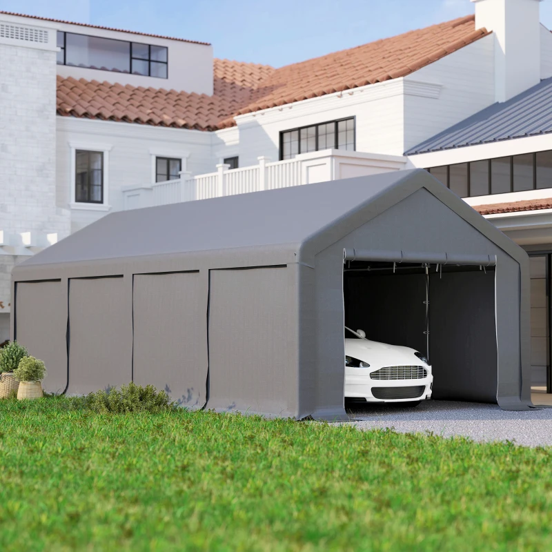 Outsunny Garage Auto per Esterno con Porte a Cerniera e Pannelli Removibili 8x4 m, Grigio Scuro
