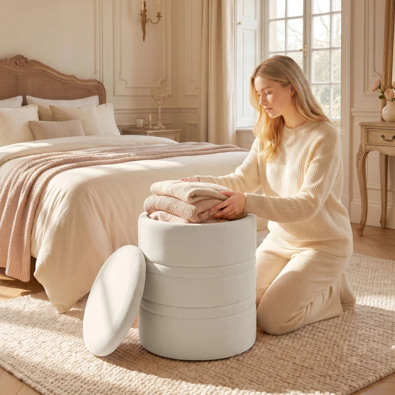 HOMCOM Pouf de depozitare din chenille cu capac, taburet rotund pentru living și dormitor, bej