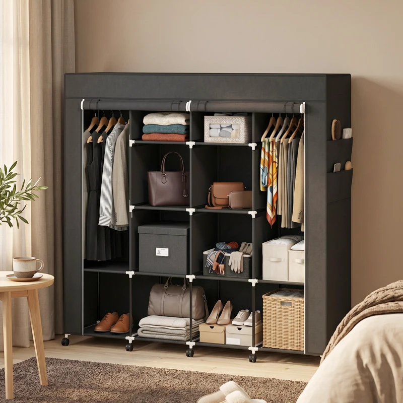 HOMCOM Armoire penderie en tissu, meuble de rangement mobile 10 roulettes avec 10 compartiments, barres de suspension, noir