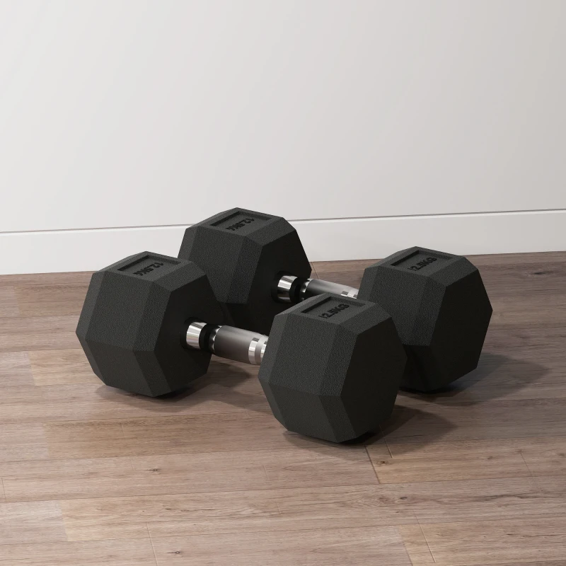 HOMCOM Lot de 2 Haltères hexagonaux 25 kg en fonte caoutchouté pour maison bureau gym à domicile, noir