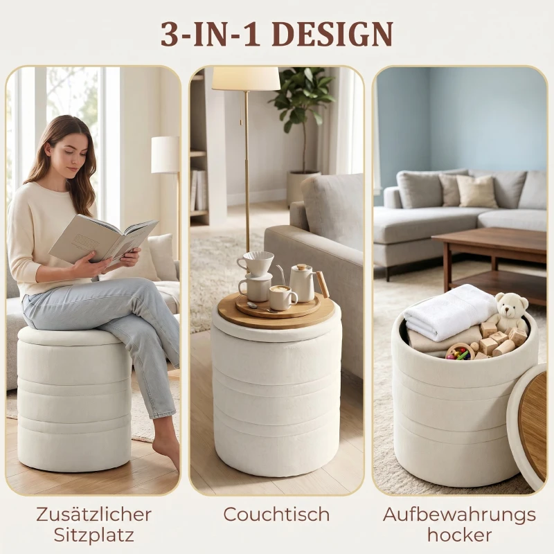 HOMCOM Pouf de Rangement en Chenille avec Couvercle, Tabouret Rond pour Salon et Chambre, Beige
