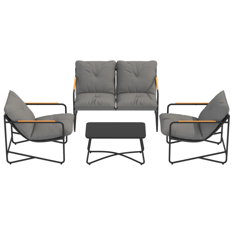 Outsunny Salon de Jardin 4 Pièces Ensemble avec Canapé 2 Places, 2 Fauteuils et Table Basse Verre Trempé Coussins 13cm Gris Clair