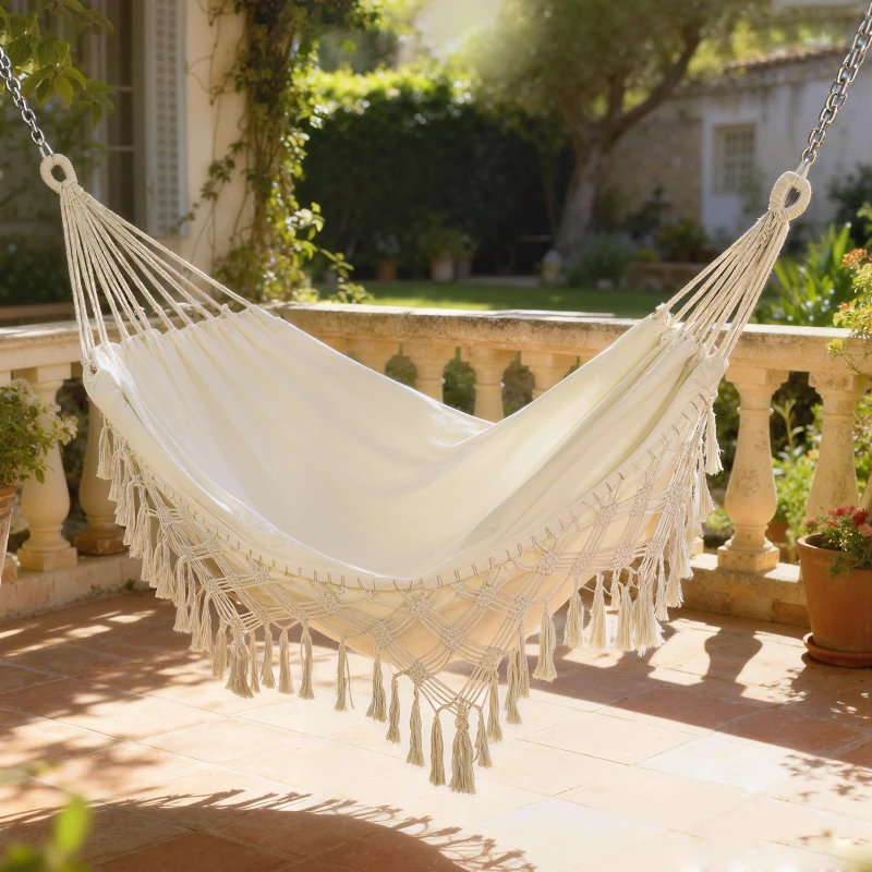 Outsunny Hamac Exterieur Bohème, Hamac de jardin Suspendu avec Frange et Sac de Transport extra large 288 x 150 cm, Beige