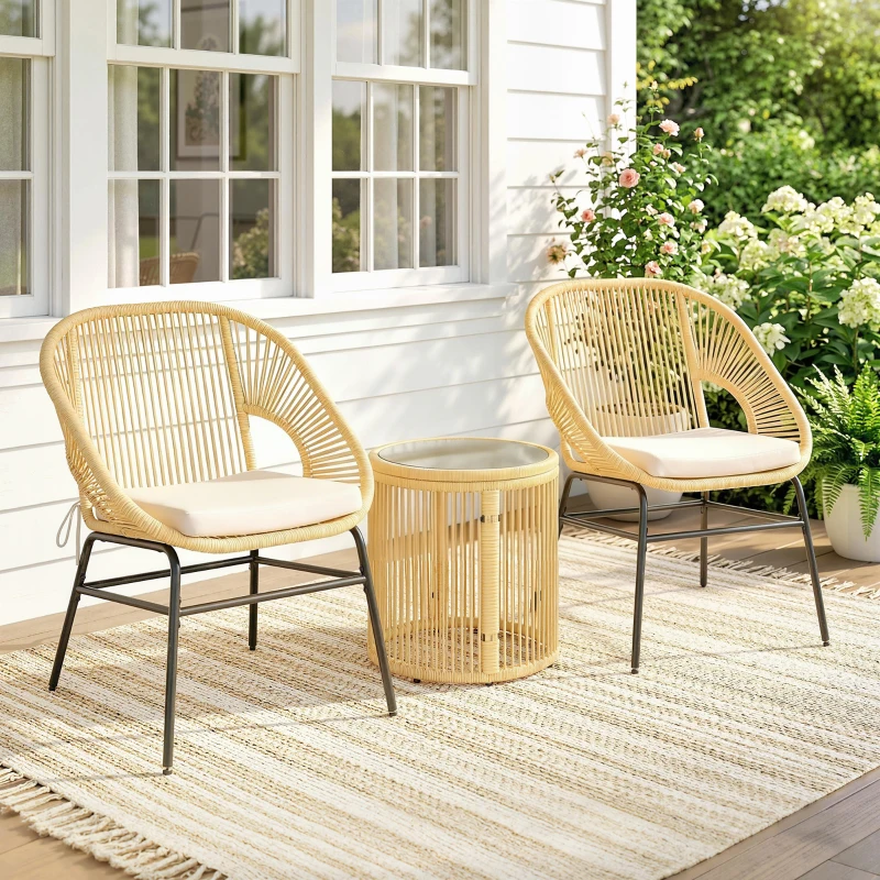 Outsunny Ensemble Bistro Salon de Balcon 3 Pièces 2 Fauteuils Confortables et Table en Verre Trempé Coussins Déhoussables Beige