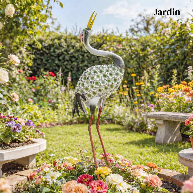 Outsunny Statues de Jardin, Sculpture de Héron en Métal, Statues d'oiseaux 71 cm, pour Cour, Étang, Terrasse, Vert