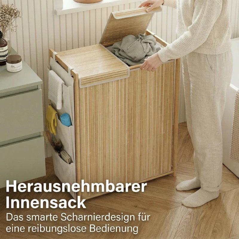 HOMCOM Bambus-Wäschekorb mit abnehmbarem Kordelzug-Sack und seitlichen Aufbewahrungstaschen, 120L, Natur