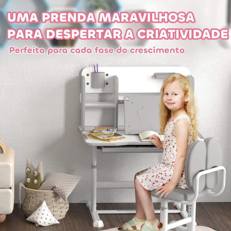 AIYAPLAY Conjunto de Secretária e Cadeira para Crianças Secretária Infantil Altura Ajustável 80x55x107,5 cm Cinza
