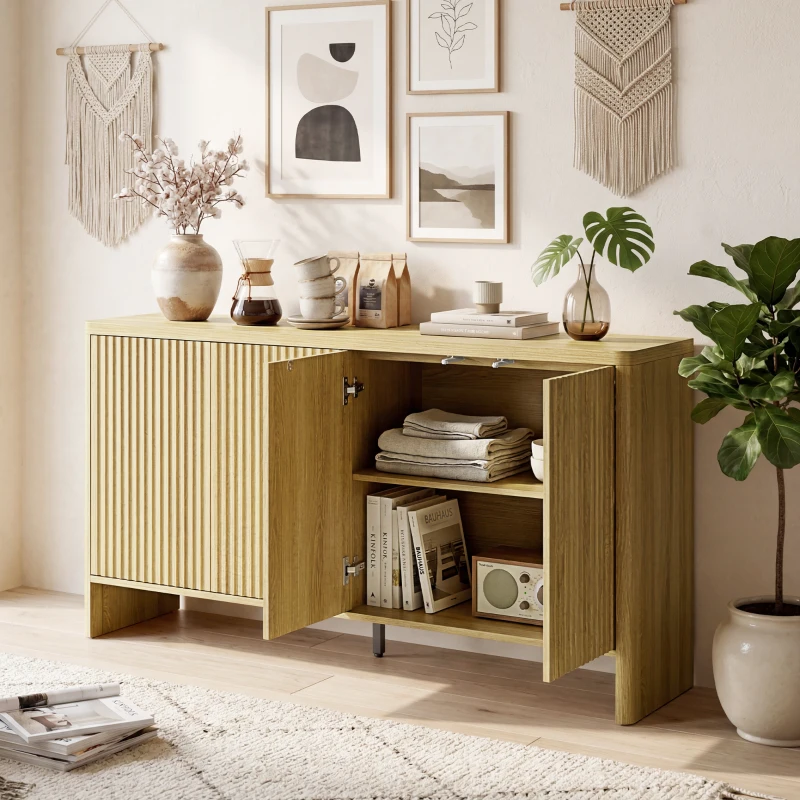 HOMCOM Buffet salon, meuble de rangement avec 4 portes rainurées, étagère réglable, ouverture par pression, 147x40x77cm, chêne