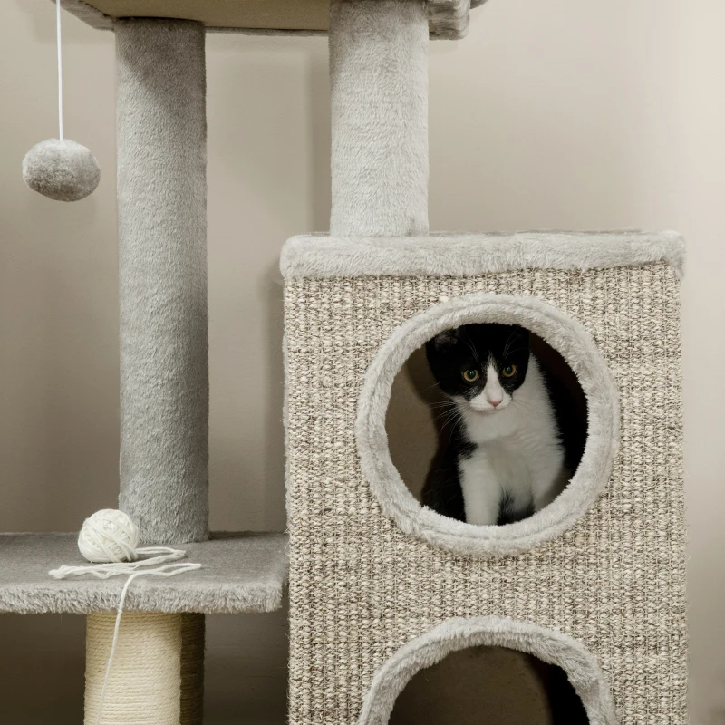 PawHut kattenboom met kattengrot, kattenbed en speelbal, 60 cm x 40 cm x 91 cm, lichtgrijs+naturel