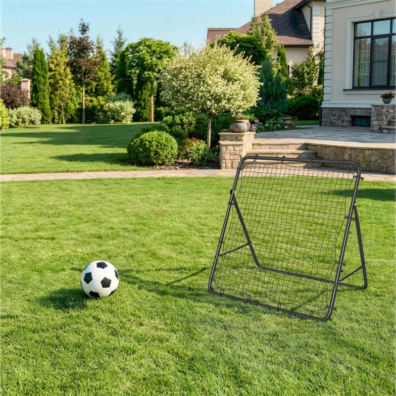 SPORTNOW Filet de Rebond Pliable Réglable à 5 Angles avec 24 Cordes Élastiques Filet pour Football, Acier, 120x73x112cm, Noir