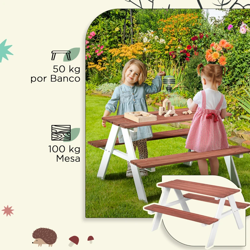 Outsunny Conjunto de Mesa e 2 Bancos Infantil de Madeira Mesa de Piquenique para Crianças de 3-8 Anos 89x79x50 cm Marrom e Branco