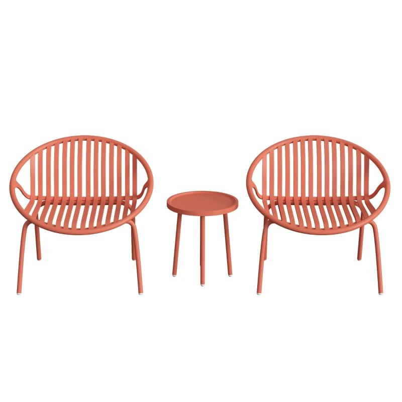 Outsunny Salon de Jardin Ensemble Bistro 3 Pièces Table Basse à Plateau Concave Acier et Polypropylène 80x70x75cm Rouge Brique