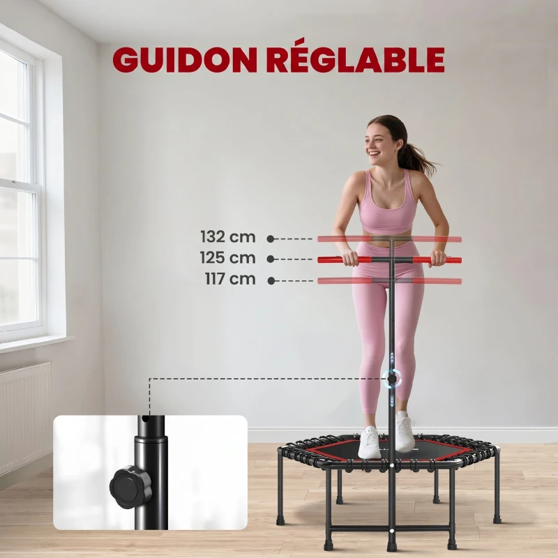 SPORTNOW Trampoline de fitness 114 cm, cordes élastiques, poignée réglable 3 positions, trampoline d'exercice silencieux, rouge