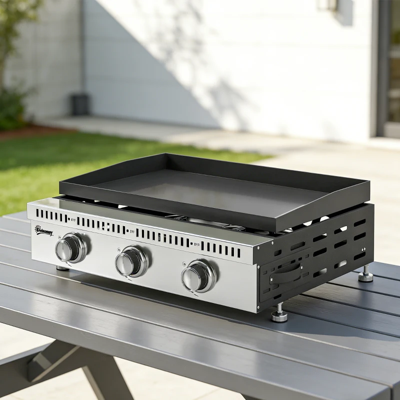 Outsunny Plancha gaz 9 kW 3 brûleurs en acier inoxydable, surface cuisson 56,5 x 33 cm, bac de récupération des graisses, noir